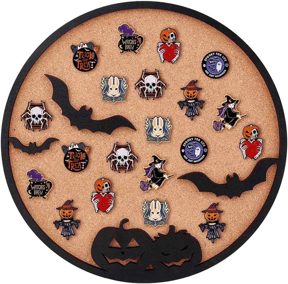 BENECREAT Round Cork Boards, Bats and Pumpkins Pin Display Board, 11.8x0.7inch Bulletin Board Brooch Jewelry Display Cork Tray for Brooch Pin Storage, Halloween Decor