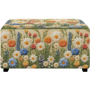 Daisy Ottoman Cover Slipcover,Waterproof Stretch Ottoman Covers,Folding Storage Stool Furniture Protector,Removable Piano Bench Cover Soft Slipcover for Living Room