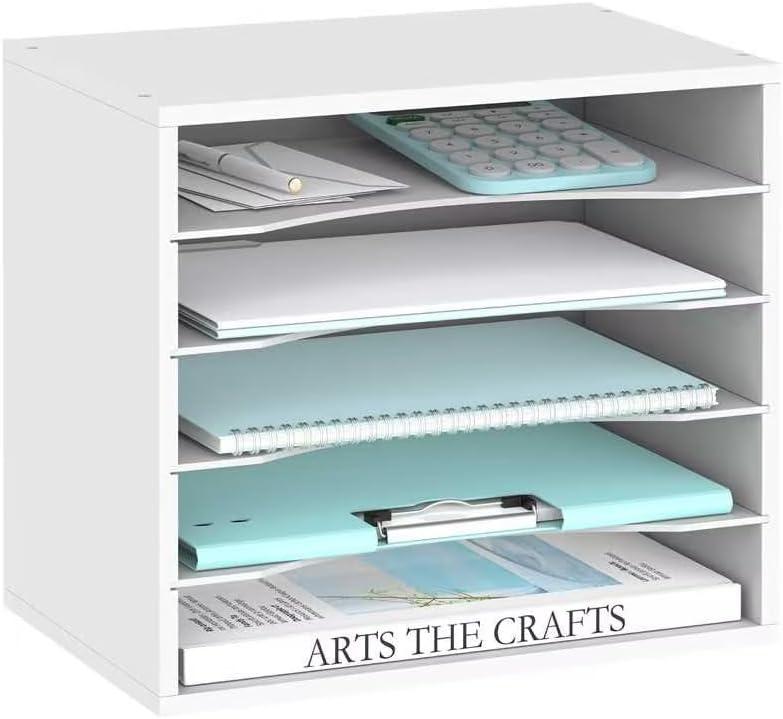 SUPEASY Wood Desk Organizer, 5 Tier Paper File Organizer for Desk, Wooden Desktop Organizer, Paper Letter Literature Mail Sorter, for Office School & Home Organization, White (13.4" x 9.1" x 12")