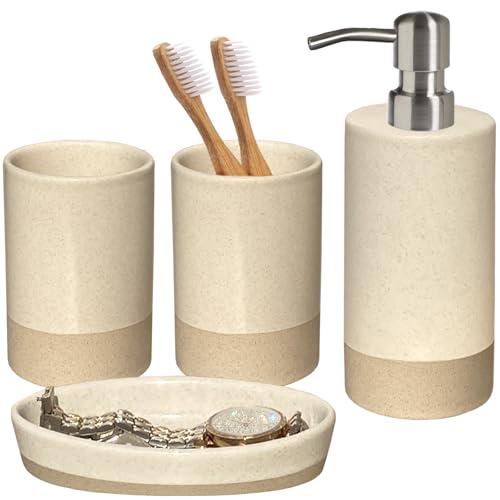 CAAS Bathroom Accessories Set 4, Beige Soap Dispenser for Bathroom, Toothbrush Holder, Tumbler Cup and Soap Dish, New Apartment Essentials, Modern Beige Bathroom Décor (Rustic)