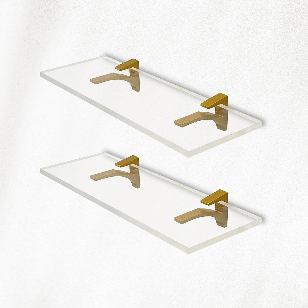 Clear Acrylic Shelves 14.5 inches, 3/4" Thick Transparent Wall Mounted Floating Shelves for Bedroom, Living Room, Bathroom, Kitchen - with Screws and Brass Finish Brackets, Pack of 2