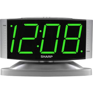 Sharp Home LED Digital Alarm Clock  Swivel Base - Outlet Powered, Simple Operation, Alarm, Snooze, Brightness Dimmer, Big Green Digit Display, Silver Case