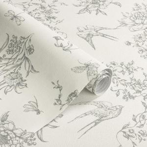 Cream White and Gray Peel and Stick Wallpaper Vintage Floral Contact Paper 16.9"x196.8" Floral Birds Self Adhesive Removable Wallpaper Grey Flowers Decorative Wall Paper for Bathroom Cabinets