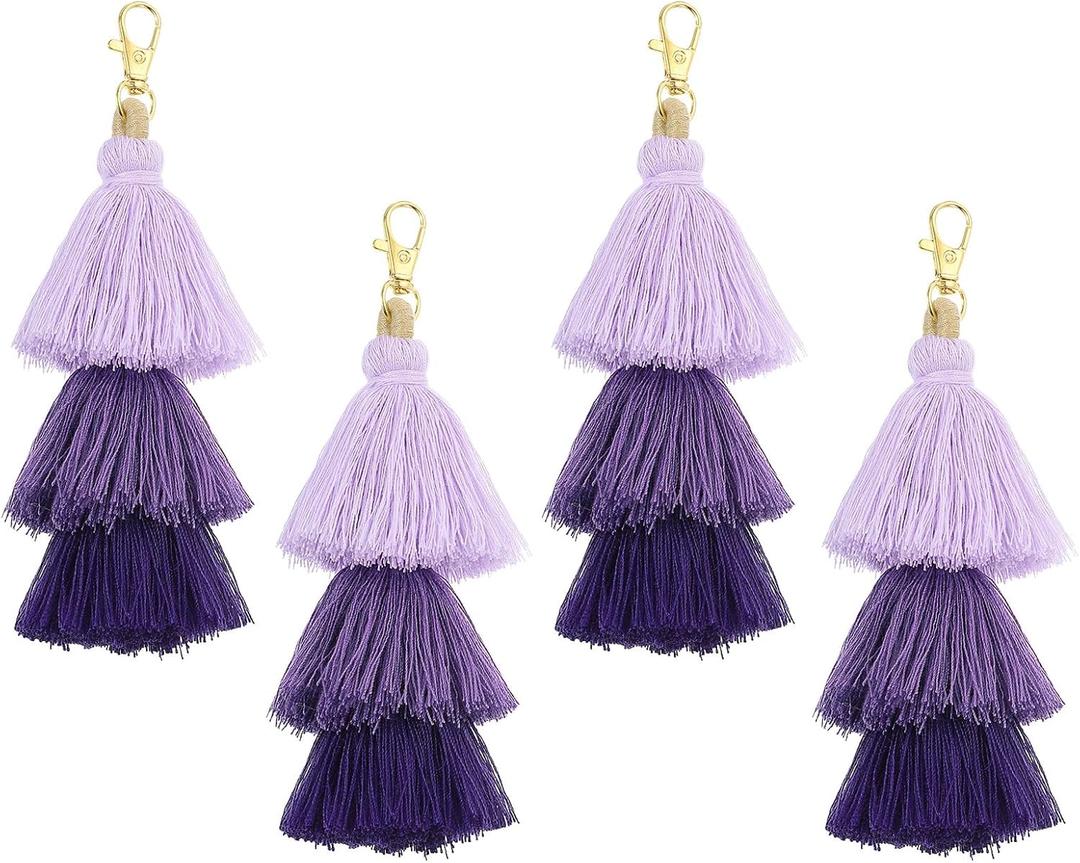 uxcell 4Pcs Tri-Layered Tassels 6.7Inch Tassel Bag Charm Bohemian Keychains Handmade Tassel Keychain for DIY Projects, Jewelry Making, Decoration (Light Purple/Purple/Dark Purple)