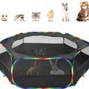 Pawaboo Small Animals Playpen, Waterproof Small Pet Cage Tent with Zippered Cover, Portable Outdoor Yard Fence with 3 Metal Rod for Chick/Kitten/Puppy/Guinea Pig/Rabbits/Hamster, Black + Rainbow