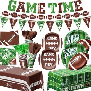 Ecomore 173PCS Football Party Decoration Kit(Serve 24), Easter Decoration Football Themed Birthday Party Supplies with Disposable Paper Plate Napkin Cup Cutlery Banner Touchdown Tablecloth Party Decor
