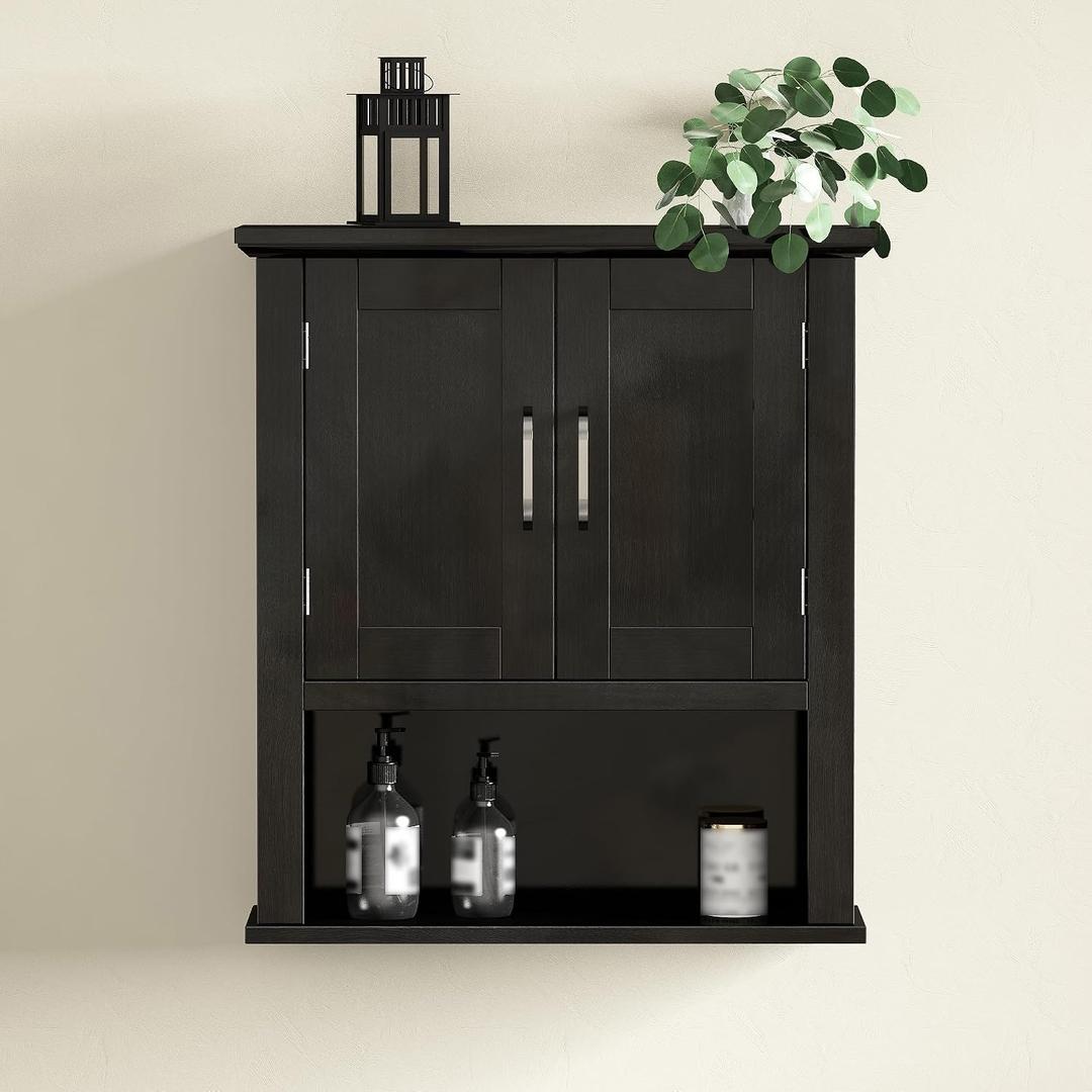 ChooChoo Wood Wall Cabinet with Doors, Medicine Cabinet with Adjustable Shelves Over The Toilet, Hanging Cabinet Wall Mounted for Bathroom, Kitchen, Living Room, Black, 21.6 inches x 24 inches x 7.5 inches