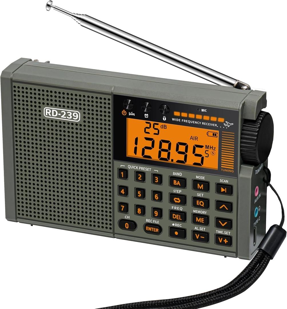 Multiband Shortwave Radio AIR/VHF/AM/FM/SW/Weather Bands Transistor with TF Card/Flashlight,Key Backlight, Digital Record, Alarm Clock Powered by AA and Lithium Battery(Green)