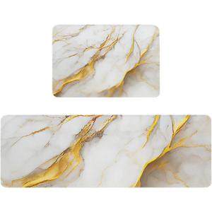 Kitchen Rugs and Mats, Retro White Marble Gold Veins 2 Piece Area Runner Rug Set Comfort Standing Floor Mat, Abstract Geometric Art Non Slip Absorbent Doormats for Laundry/Bathroom/Bedroom (18x30in+18x48in, Multi Color)