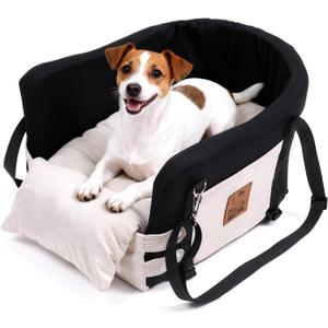 JZXOIVA Console Dog Car Seat & Travel Bed for Small/Medium Dogs, Booster Dog Car Seat with Safety Tether, Non-Slip Base, Washable Cover, Front or Back Seat Pet Carrier Bed, Black