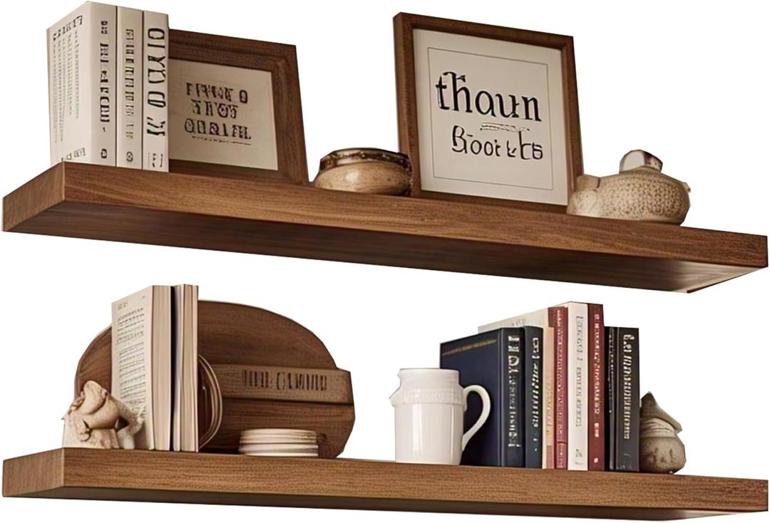 Solid Wood Floating Shelves for Wall, Rustic Farmhouse Wall Mounted Shelf Set of 2, Heavy Duty Bathroom & Living Room Decor (Walnut Color, 23.5 '' x 7 '' x 1.5'')