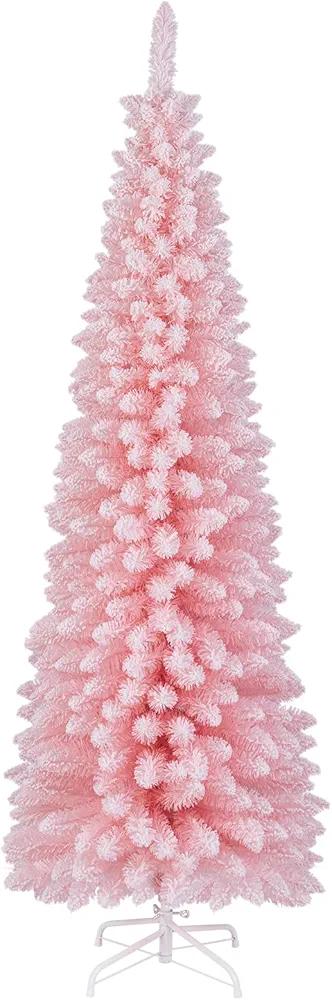 DORTALA 6 FT Pencil Christmas Tree Pink, Unlit Artificial Slim Xmas Full Tree with 460 Branch Tips, Folding Metal Stand, Flocked Skinny Decor Tree for Home Office Party