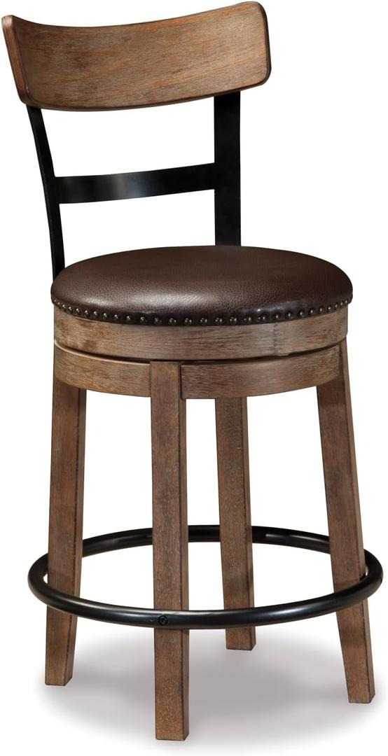 Signature Design by Ashley Pinnadel Counter Height Swivel Bar Stool, Brown Wood, engineered wood & metal frame, Faux leather cushion, 24.25 inch seat, Smooth 360-degree rotation, Metal footrest, Highback 19"D x 19"W x 37.25"H
