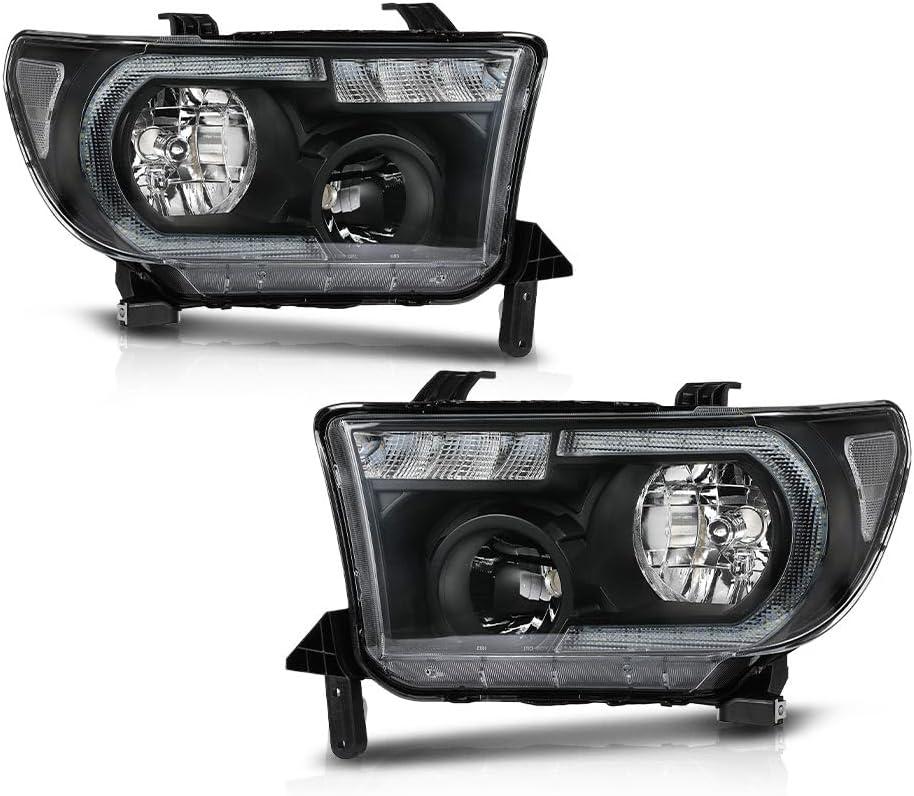 G-PLUS LED DRL Headlights Compatible with Toyota Tundra 2007-2013,Fit2008-2017 Toyota Sequoia Headlamps Assembly Clear Lens Black Housing Clear Reflector Left & Right, faros delanteros