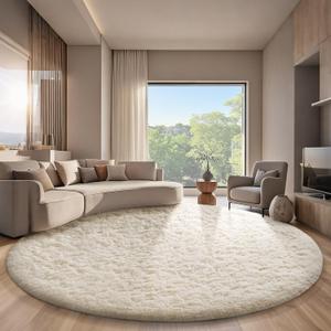 Ophanie Round Rugs 8Ft Ivory Circle Area Rug, Aesthetic Room Decor, Fluffy Fuzzy Bedroom Carpet, Plush Soft Shaggy Cream Living Room Rugs for Kids Home Decor, Nursery