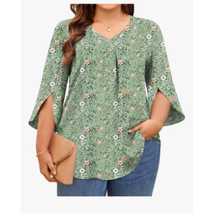 Aodemo Womens Plus Size Tops 3/4 Sleeve Dressy Chiffon Blouse Summer Work Tunic Casual Flowy Shirt 2Xl