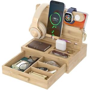 Vdamu Phone Docking Station for Men - Desk or Nightstand Organizer with Drawer - Birthday Gifts for Husband, Dad, Boyfriend, Him - Wooden Charging Station for Phone Watch Key Holder Wallet (Wood)