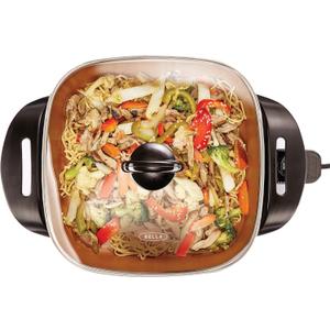 BELLA Electric Skillet and Frying Pan with Glass Lid, Nonstick Coating, Cool Touch Handles, Removable Heating Probe, Dishwasher Safe, 12 x 12 inch, Copper
