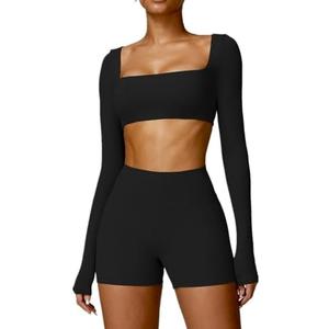 ABOCIW Women Square Neck Long Sleeve Workout Crop Top Low Medium Impact Athletic Yoga Gym Shirts with Built in Bra(ONLY TOP) Black, S