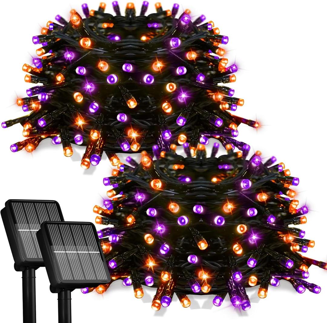 2 Pack Solar Halloween Lights,78FT 200LED Orange & Purple Halloween Lights,Solar Light Outdoor with 8 Modes Waterproof for Bedroo Patio Garden Party Yard Decoration