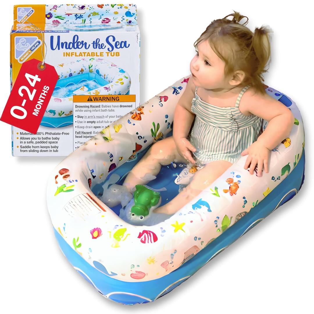 Mommy's Helper | Inflatable Under The Sea Baby Bathtub, Collapsible Safe Baby Bath Tub with Anti-Sliding Saddle Horn Seat, Must Have Travel Toddler Bath, Portable Bathtub Recommended Months 6 to 24 (Blue, White)