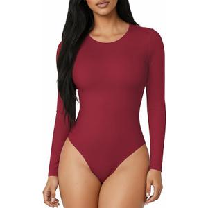 MANGOPOP Round Neck Long Sleeve Short Sleeve Bodysuits for Women Basic Body Suit Shirts Tops Medium,Long Sleeve Deep Red