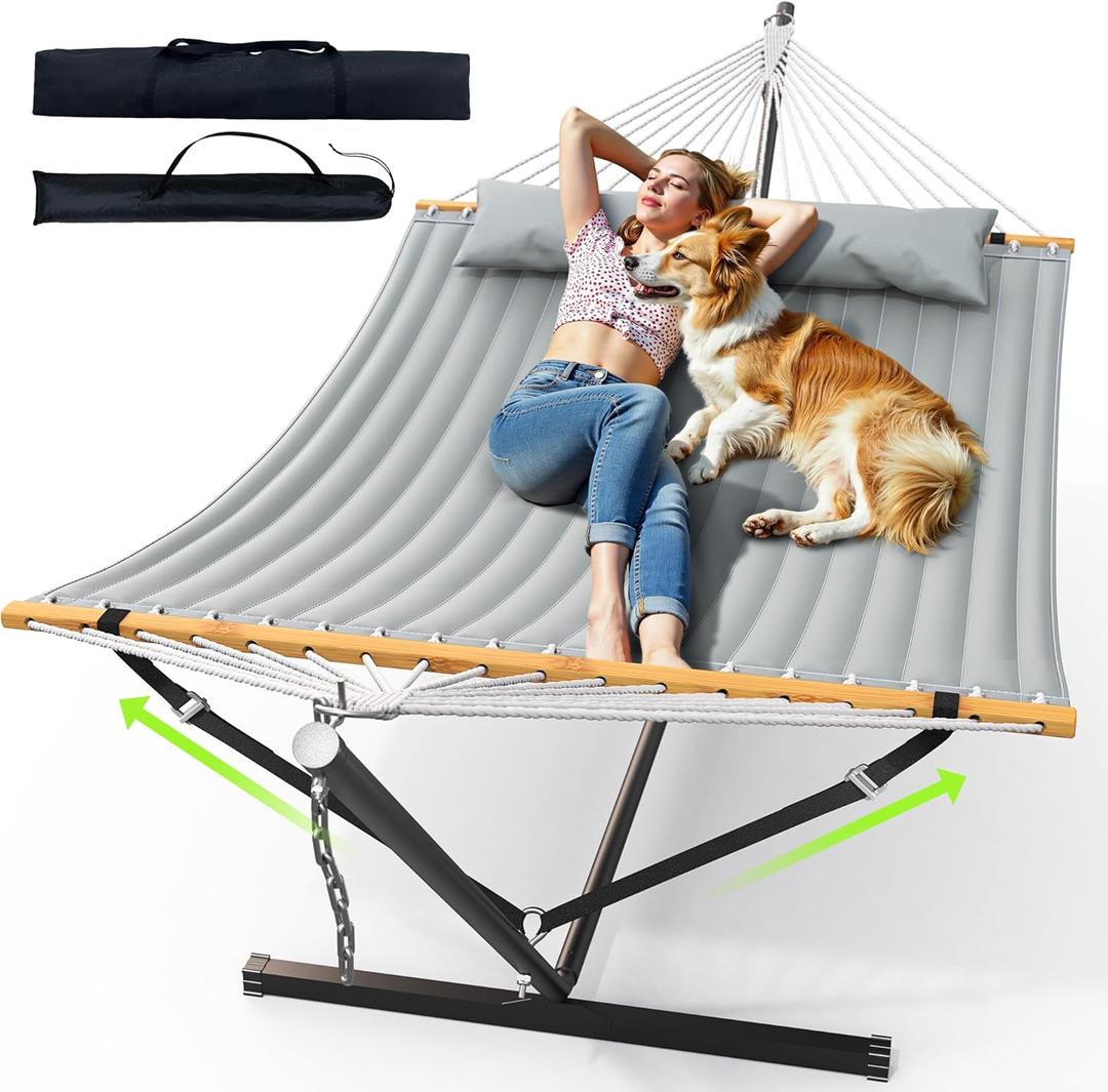 ANAGOO Double Hammock with Stand, Heavy Duty Outdoor Hammock for Two, 500 LBS Capacity, Stable Steel Frame with Balance Strap, Easy Tool-Free Assembly for Patio, Garden, Backyard & Beach,Dark Grey