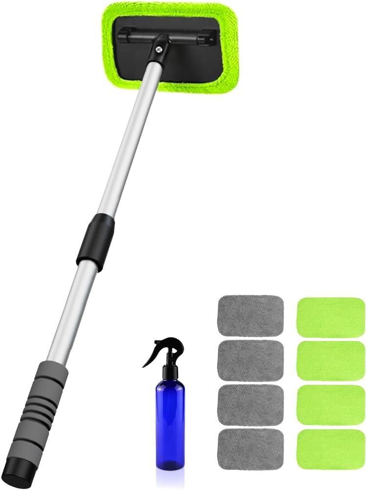 XINDELL Windshield Cleaning Tool for Car  27inch Extendable Handle Window Cleaner with Reusable Microfiber Pads, Streak-Free Interior & Exterior Auto Glass Cleaner (Green)