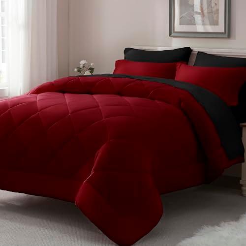 Amazon.com: ELNIDO QUEEN Full Size Bed in a Bag 7 Pieces - Red and Black Bed Comforter Set Full Size, All Season Bedding Sets with Reversible Comforter, Flat Sheet, Fitted Sheet, Pillowcases and Pillow Shams : Everything Else