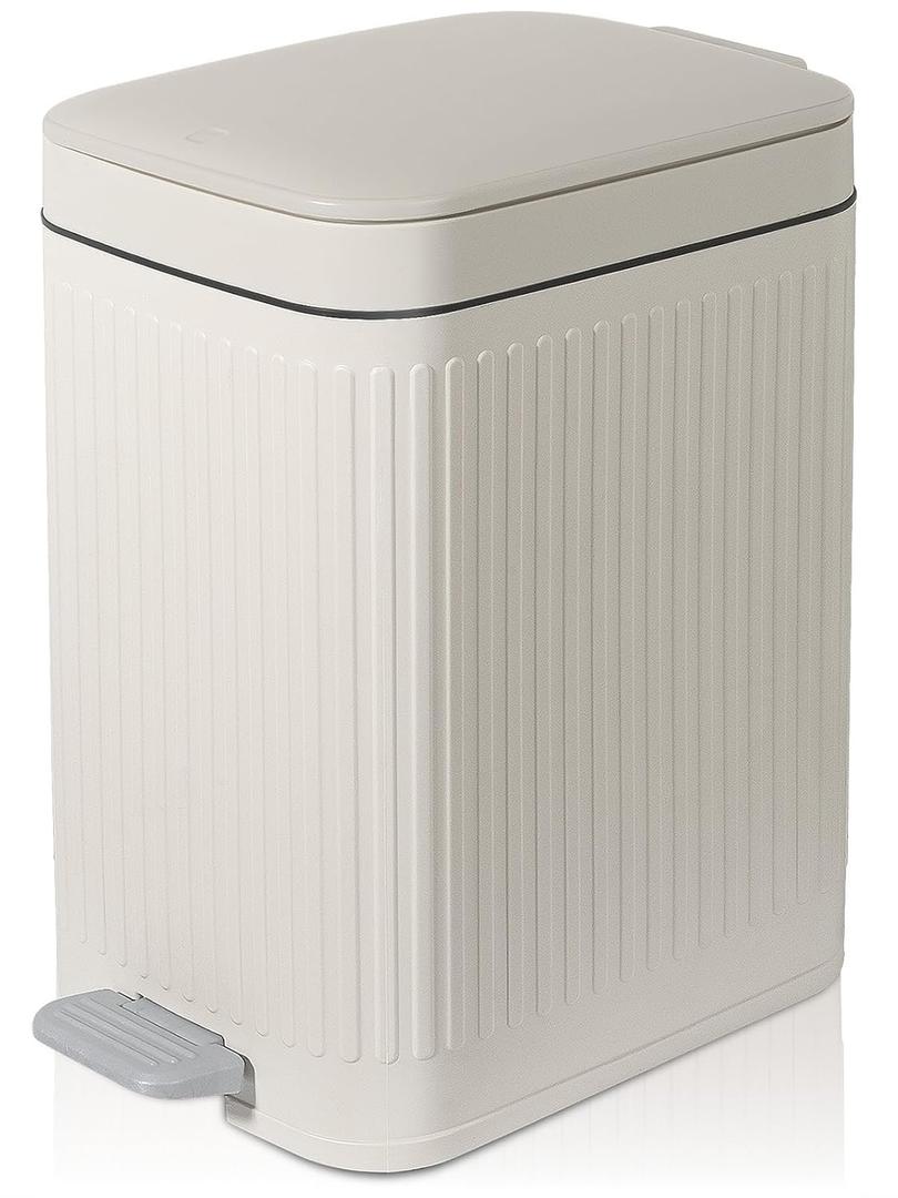 Rejomiik Small Bathroom Trash Can with Lid Slim Soft Close Garbage Can Step Wastebasket Container Trash Bin for Office Bedroom Kitchen Living Room (1.9 Gallon Cream)