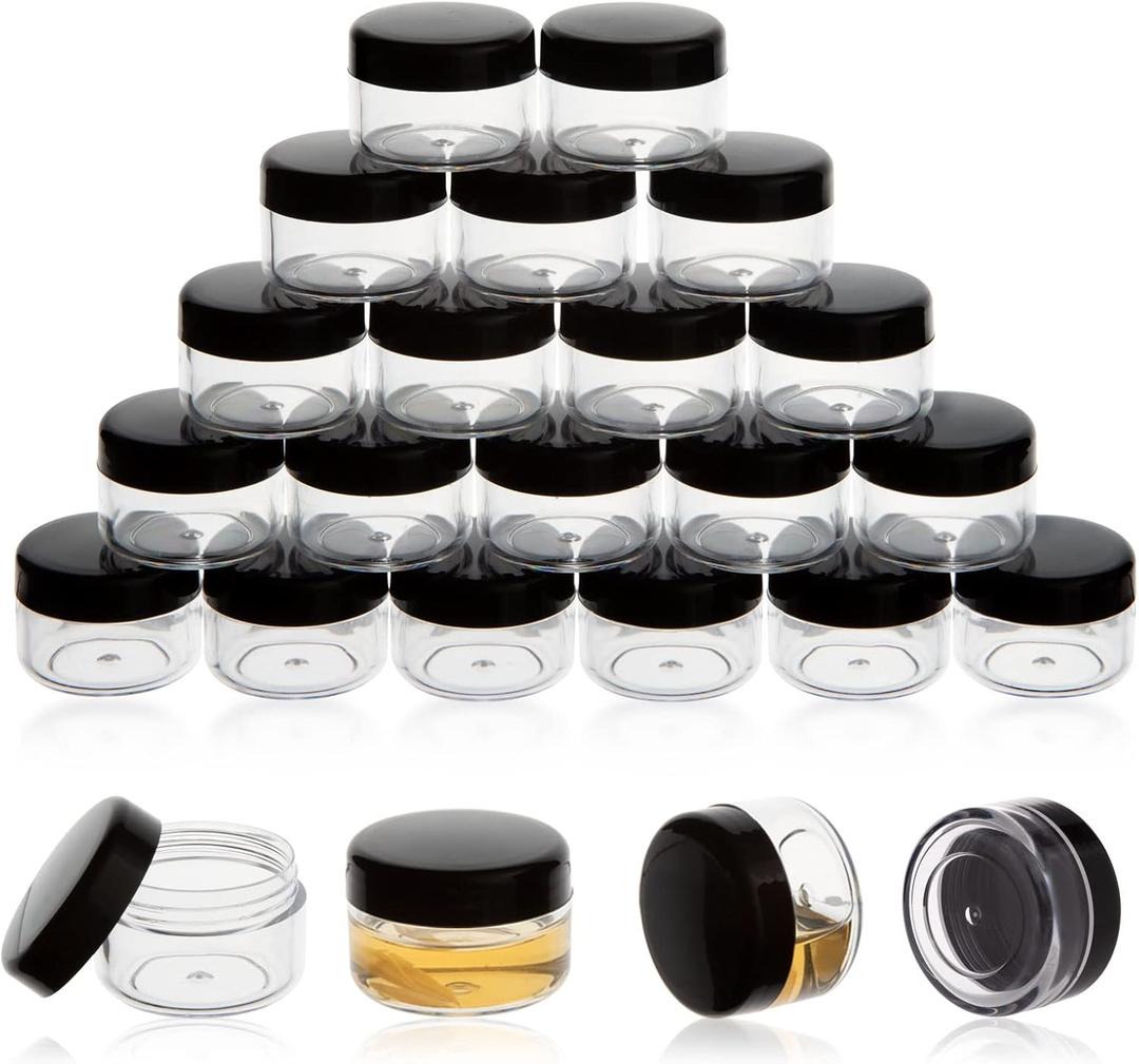 ZEJIA 5 Gram Sample Containers with Lids, 25PCS Mini Makeup Containers, Empty Plastic Travel Cosmetic Containers with Labels (Black)