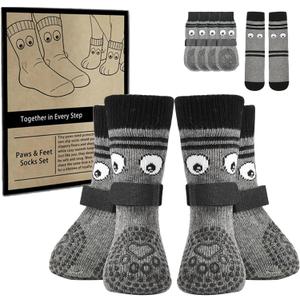 Non-Slip Dog Socks & Owner Sock Set- Extra-Grip, Paw Protection for Senior & Active Dogs(Grey,M)