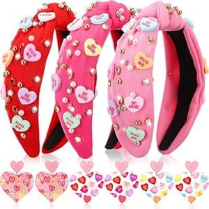 Thiccywoov 9 Pcs Bulk Valentines Day Headband and Earrings for Women with 3pcs Valentines Headband 6pcs Heart Earrings Wide Top Knot for Party Dating Galentine's Day Party