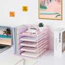 LEKETREE Desk Organizers and Accessories, 5-Tier Paper Letter Tray Organizer with File Holder, Desktop Organizer for Office Supplies (Pink)