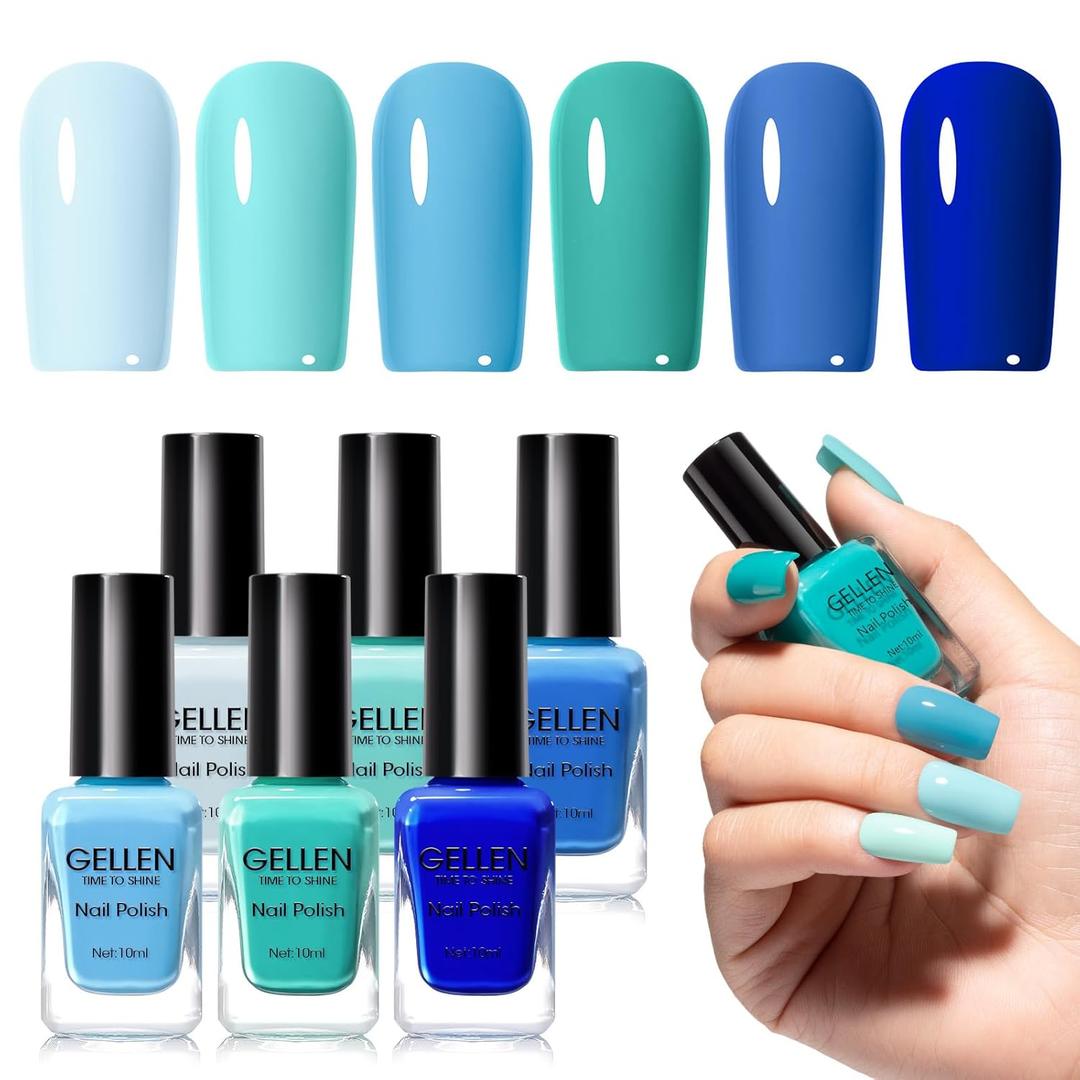 GELLEN Teal Green & Blue Nail Polish, Quick Air Dry Non-Gel Regular Nail Polish No Light Needed, 6-color Blue Set For Finger Toe & Fake Nails Home Salon Summer Winter | Toxin TPO HEMA Free