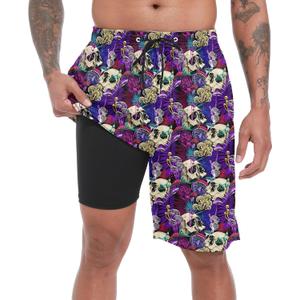 Mens Swim Trunks with Compression Liner, Magic Mushrooms Skulls Men Bathing Suit Swimming Trunks 9 inch inseam Board Shorts Men's Swimwear, 4 Way Stretch Beach Shorts Quick Dry Swimsuits (M)