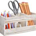 Juvale Rustic-Style Desk Pencil Holder with 3 Compartments - Farmhouse Decor and Wooden Organizer for Pen and Office Accessories