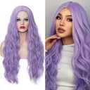 Women's Pastel Purple Wig 27 Inches Long Curly Wavy Hair Wig Heat Resistant Fibers Synthetic Wig For Women Girl Cosplay Party Halloween Wig Cap Included (Pastel Purple)