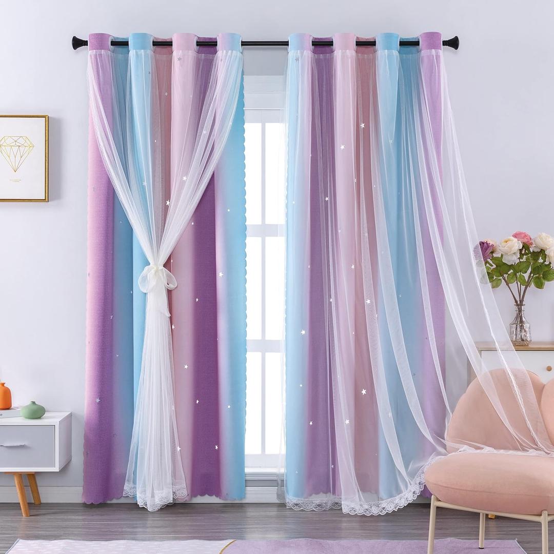 XiDi Curtains for Girls Bedroom, Blackout for Kids Room, Colorful Rainbow Design, Unicorn Wall Decor Pink Ombre Curtains, Purple Princess Room 72 Inches Long 34 Wide 2 Panel Sets Pink Purple
