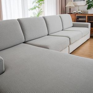QIANMEW Couch Cushion Covers, Comfort Soft Magic Sofa Covers Washable Stretch Resistant Slipcovers for Sectional and L Shaped Seats Furniture Protectors for Pets (2 Seaters+1 Chaise, Light Gray)