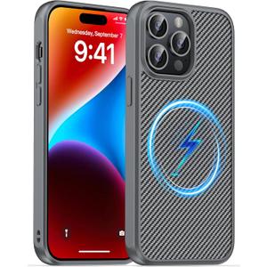 Magnetic for iPhone 14 Pro Max Case, Anti-Scratch Carbon Fiber Texture-Compatible with MagSafe - Military Grade Drop Protection - Slim Shockproof Phone Cover 6.7", Gray