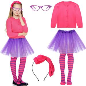 JenPen 5 Pcs World Book Day Cartoon Cosplay Costumes for Kids Rose Red Long Sleeve Cardigan Purple Tutu Skirt Striped Tights Bow Headband Glasses Frame for Children World Book Day Dress up Outfit