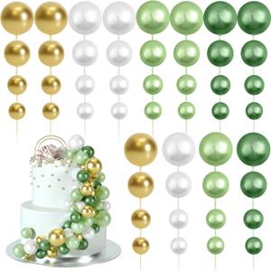 48 Pcs Balls Cake Topper Decorations Balloon Cupcake Toppers Foam Cake Topper Balls Cake Balls Decorations for Birthday Party Cake Decorating (Green, White, Gold)