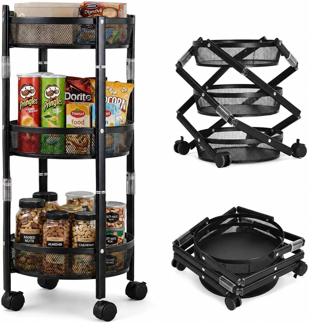 3 Tier Rolling Utility Cart with Wheels, Foldable Storage Cart Organizer, Collapsible Metal Rolling Trolley, Space Saving Kitchen Cart, Bathroom Organizer, Laundry Cart, Office Storage, Black