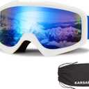 Karsaer Ski Goggles Anti-Fog Snow Goggles OTG 100% UV Protection Snowboard Goggles Bendable Dual-Lenses for Men Women Youth (Matte White Frame Blue Mirrored Lens Vlt 10%)