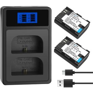 2-Pack LP-E6 LP-E6N Battery and Dual Slot Charger for Canon EOS R7, R6, R5, R, 6D Mark II, 5D Mark IV, 5D Mark III, 5DS, 5DS R, 5D Mark II, 80D, 90D, 6D, 7D, 7D Mark II, C700, XC10, XC15 Camera