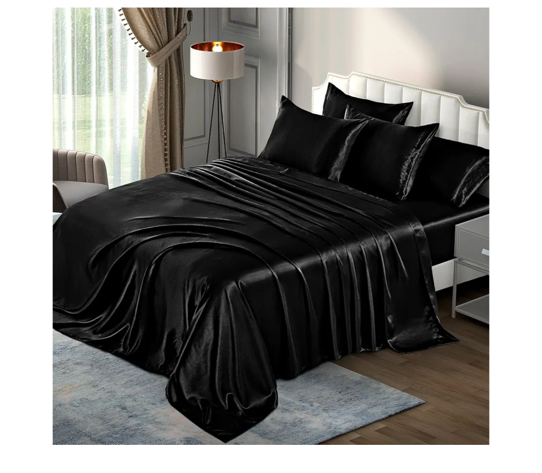 P Pothuiny 6 Pieces Queen Satin Sheets Luxury Silky Black Satin Bedding Sheet Set, 1 Deep Pocket Fitted Sheet + 1 Flat Sheet + 4 Pillow Cases