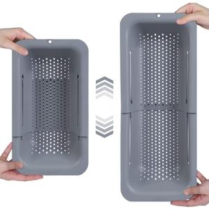 BLUE GINKGO Over the Sink Colander Strainer Basket - Wash Vegetables and Fruits, Drain Cooked Pasta and Dry Dishes - Extendable - New Home Kitchen Essentials (7.9W x 14-19L x 2.75H) - Gray