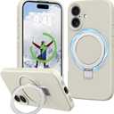 for iPhone 16 Case Stand, Slim Comfortable Liquid Silicone Phone Cases Compatible with MagSafe Magnetic Ring Kickstand Stand Case Full Camera Protection Fit for iPhone 16 6.1", White