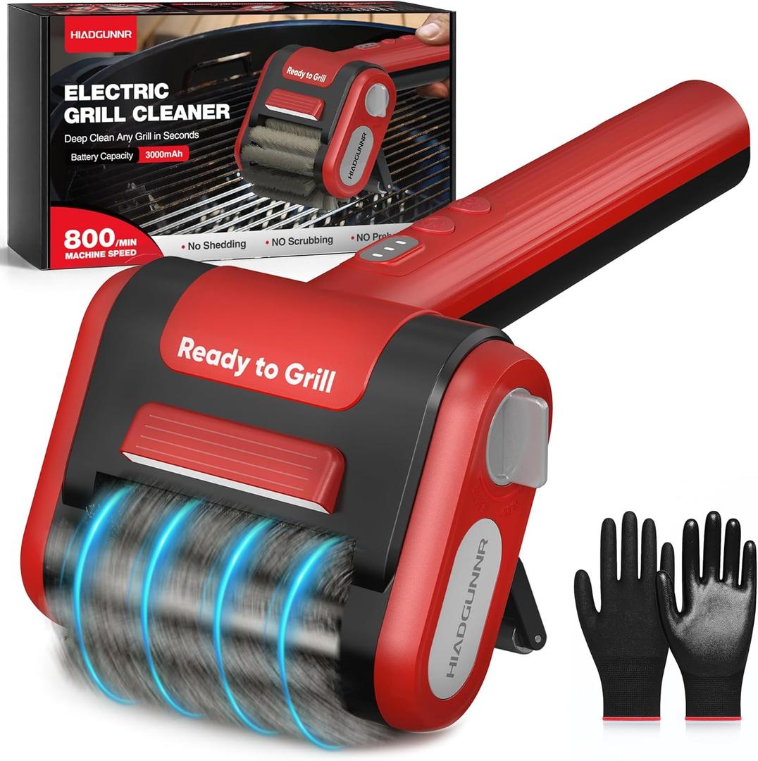 Electric Grill Brush, Grill Cleaner with LED Light, 700800 RPM Stainless Steel Bristles, 304 Removable Brush Head, Cordless & Type-C Rechargeable Grill Cleaning Tool for Outdoor BBQ (Red)